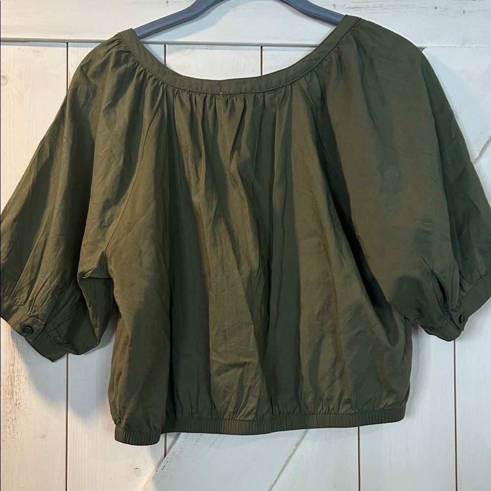 Aerie Olive Green Puff Sleeve Button-Front Crop Top Medium Cotton Viscose Blend - Picture 4 of 4
